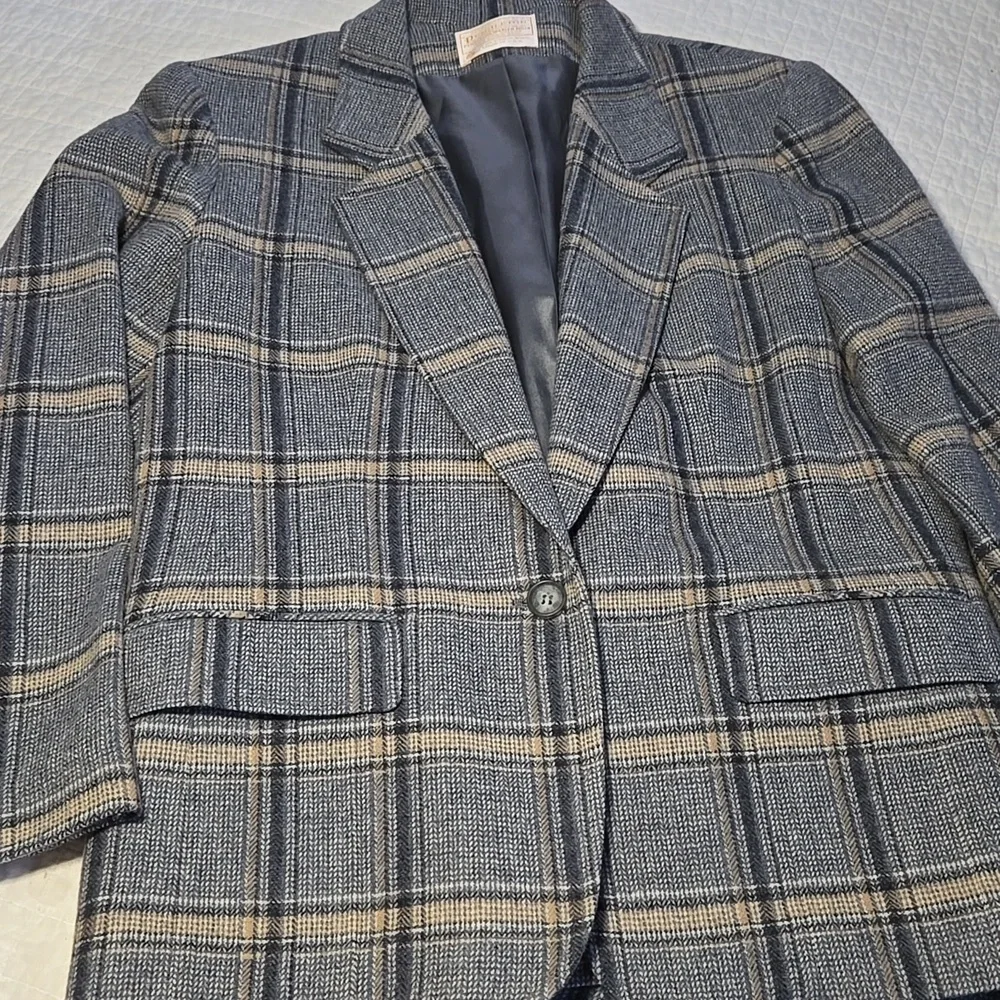 Pendleton Vintage Virgin Wool Gray  Cream Plaid Blazer and Skirt Set Womens 14 - Picture 2 of 13